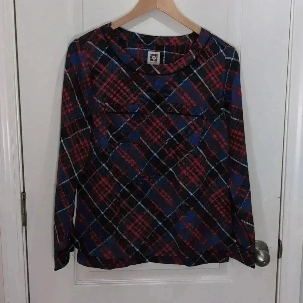 Anne Klein Women's Blouse Plaid Red Blue Long Sleeve Pocket